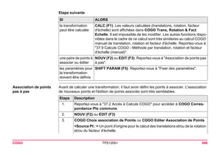 COGO TPS1200+ 846 
Etape suivanteSI 
ALORS 
la transformation peut être calculée 
CALC (F1). Les valeurs calculées (translations, rotation, facteur d'échelle) sont affichées dans COGO Trans, Rotation & Fact Echelle. Il est impossible de les modifier. Les autres fonctions disponibles dans le cadre de ce calcul sont très similaires au calcul COGO manuel de translation, rotation et facteur d'échelle. Reportez-vous à "37.9 Calculs COGO - Méthode par translation, rotation et facteur d'échelle (manuel)". 
une paire de points à associer ou éditer 
NOUV (F2) ou EDIT (F3). Reportez-vous à "Association de points pas à pas". 
les paramètres pour la transformation doivent être définis 
SHIFT PARAM (F5). Reportez-vous à "Fixer des paramètres". 
Association de points pas à pas 
Avant de calculer une transformation, il faut avoir défini les points à associer. L'association de nouveaux points et l'édition de points associés sont très semblables. Etape 
Description 
1. 
Reportez-vous à "37.2 Accès à Calculs COGO" pour accéder à COGO Correspondance Pts communs. 
2. 
NOUV (F2) ou EDIT (F3) 
3. 
COGO Choix association de Points ou COGO Editer Association de Points 
<Source Pt : > Un point d'origine pour le calcul des translations et/ou de la rotation et/ou du facteur d'échelle.  