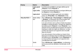 COGO TPS1200+ 863 
Ligne parallèle 
La limite sera parallèle à une ligne définie par le <Point A :> et le <Point B :>. 
Ligne ortho 
La limite sera perpendiculaire à une ligne définie par le <Point A :> et le <Point B :>. 
Ligne pivot 
La limite sera une ligne ayant subi une rotation autour du <Pt de Rot :> du <Gisement :> fixé. 
<Sou-Surf-XX :> 
Saisie utilisateur 
Pour <Diviser par : Pourcentage> et <Diviser par : Surface>. La dimension de la sous-surface doit être exprimée sous forme de % ou en m2. 
Lors de la division de la surface à l'aide d'une ligne parallèle ou perpendiculaire, une ligne de référence est définie par le <Point A :> et le <Point B :>. La direction de la nouvelle ligne de division est toujours identique à celle de la ligne de référence. La sous- surface est toujours sur la gauche de la nouvelle ligne de division. 
Lors de la division d'une surface au moyen d'une ligne pivot, la direction de la nouvelle ligne de division est définie par le <Pt de Rot :> et le <Gisement :>. La sous-surface est toujours sur la gauche de la nouvelle ligne de division. 
Sortie 
Pour <Diviser par : Ligne définie>. La dimension de la sous-zone est calculée à l'arrière-plan et affichée. 
Champ Option Description 
 
