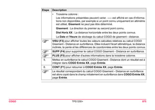 COGO TPS1200+ 875 
•Troisième colonne : 
Les informations présentées peuvent varier. ----- est affiché en cas d'informations non disponibles, par exemple si un point connu uniquement en altimétrie est utilisé, Gisement ne peut pas être déterminé. 
Gisement : La direction du premier au second point connu. 
Dist Horiz XX : La distance horizontale entre les deux points connus. 
La Date et l'Heure de stockage du calcul COGO de gisement - distance. 
) 
VISU (F3) pour afficher toutes les valeurs calculées relatives au calcul COGO Gisement - Distance en surbrillance. Elles incluent l'écart altimétrique, la distance inclinée, la pente et les différences de coordonnées entre les deux points connus. 
) 
SUPP (F4) pour supprimer le calcul COGO Gisement - Distance en surbrillance. 
) 
PLUS (F5) pour afficher d'autres informations dans la troisième colonne. 
5. 
Mettez en surbrillance le calcul COGO Gisement - Distance dont un résultat est à intégrer dans COGO Entrée XX, page Entrée. 
6. 
CONT (F1) pour retourner à COGO Entrée XX, page Entrée. 
) 
Le résultat correspondant du calcul COGO Gisement - Distance en surbrillance est alors copié dans le champ initialement en surbrillance dans COGO Entrée XX, page Entrée. 
Etape Description 
 
