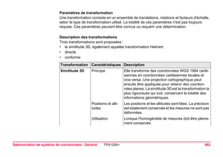 Détermination de système de coordonnées - Général TPS1200+ 882 
Paramètres de transformation 
Une transformation consiste en un ensemble de translations, rotations et facteurs d'échelle, selon le type de transformation utilisé. La totalité de ces paramètres n'est pas toujours requise. Ces paramètres peuvent être connus ou requérir une détermination. 
Description des transformations 
Trois transformations sont proposées : 
•la similitude 3D, également appelée transformation Helmert 
•directe 
•conformeTransformation 
Caractéristiques 
Description 
Similitude 3D 
Principe 
Elle transforme des coordonnées WGS 1984 cartésiennes en coordonnées cartésiennes locales et vice versa. Une projection cartographique peut ensuite être appliquée pour obtenir des coordonnées planes. La similitude 3D est la transformation la plus rigoureuse qui soit, conservant la totalité des informations géométriques. 
Positions et altitudes 
Les positions et les altitudes sont liées. La précision est totalement conservée et les mesures ne sont pas déformées. 
Utilisation 
Lorsque l'homogénéité de mesures doit être pleinement conservée.  