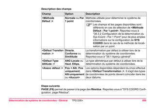 Détermination de système de coordonnées - Général TPS1200+ 899 
Description des champsChamp 
Option 
Description 
<Méthode Défaut :> 
Normale ou Par 1 point 
Méthode utilisée pour déterminer le système de coordonnées. 
)Les champs et les pages disponibles sont différents en cas de sélection de <Méthode Défaut : Par 1 point>. Reportez-vous à "38.3.2 Configuration de la détermination du Sys Coord - Par 1 Point" pour de plus amples informations sur la configuration de SYS COORD dans le cas de la méthode de localisation par un point. 
<Défaut Transformation :> 
Directe, Conforme ou Similitude 
La transformation par défaut à utiliser lors de la détermination du système de coordonnées. Reportez-vous à "38.1 Aperçu général". 
<Défaut Type Altitude :> 
AltO Locale ou Haut. Ellips. 
Le type altimétrique par défaut à utiliser lors de la détermination du système de coordonnées. 
<Assoc défaut :> 
Pos + Alti, Pos uniquement, Alti uniquement ou <Aucun> 
Les options disponibles dépendent du choix effectué dans <Défaut Transformation :>. Il s'agit des types de coordonnées de points devant coïncider dans les deux datums. 
Etape suivante 
PAGE (F6) permet de passer à la page des Résidus. Reportez-vous à "SYS COORD Configuration, page Résidus".  
