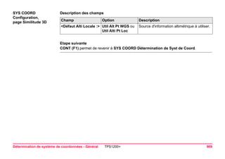 Détermination de système de coordonnées - Général TPS1200+ 909 
SYS COORD 
Configuration, 
page Similitude 3D 
Description des champsChamp 
Option 
Description 
<Défaut Alti Locale :> 
Util Alt Pt WGS ou Util Alti Pt Loc 
Source d'information altimétrique à utiliser. 
Etape suivante 
CONT (F1) permet de revenir à SYS COORD Détermination de Syst de Coord.  