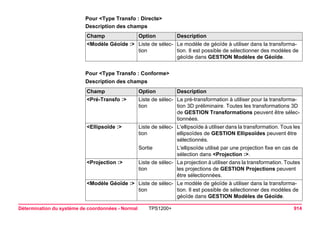Détermination du système de coordonnées - Normal TPS1200+ 914 
Pour <Type Transfo : Directe> 
Description des champsChamp 
Option 
Description 
<Modèle Géoïde :> 
Liste de sélection 
Le modèle de géoïde à utiliser dans la transformation. Il est possible de sélectionner des modèles de géoïde dans GESTION Modèles de Géoïde. 
Pour <Type Transfo : Conforme> 
Description des champsChamp 
Option 
Description 
<Pré-Transfo :> 
Liste de sélection 
La pré-transformation à utiliser pour la transformation 3D préliminaire. Toutes les transformations 3D de GESTION Transformations peuvent être sélectionnées. 
<Ellipsoïde :> 
Liste de sélection 
L'ellipsoïde à utiliser dans la transformation. Tous les ellipsoïdes de GESTION Ellipsoïdes peuvent être sélectionnés. 
Sortie 
L'ellipsoïde utilisé par une projection fixe en cas de sélection dans <Projection :>. 
<Projection :> 
Liste de sélection 
La projection à utiliser dans la transformation. Toutes les projections de GESTION Projections peuvent être sélectionnées. 
<Modèle Géoïde :> 
Liste de sélection 
Le modèle de géoïde à utiliser dans la transformation. Il est possible de sélectionner des modèles de géoïde dans GESTION Modèles de Géoïde.  