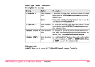 Détermination du système de coordonnées - Normal TPS1200+ 915 
Pour <Type Transfo : Similitude> 
Description des champsChamp 
Option 
Description 
<Ellipsoïde :> 
Liste de sélection 
L'ellipsoïde à utiliser dans la transformation. Tous les ellipsoïdes de GESTION Ellipsoïdes peuvent être sélectionnés. 
Sortie 
L'ellipsoïde utilisé par une projection fixe en cas de sélection dans <Projection :>. 
<Projection :> 
Liste de sélection 
La projection à utiliser dans la transformation. Toutes les projections de GESTION Projections peuvent être sélectionnées. 
<Modèle Géoïde :> 
Liste de sélection 
Le modèle de géoïde à utiliser dans la transformation. Il est possible de sélectionner des modèles de géoïde dans GESTION Modèles de Géoïde. 
<Modèle SCSP :> 
Liste de sélection 
Le modèle de SCSP à utiliser dans la transformation. Tous les modèles de SCSP de GESTION Modèles de SCSP peuvent être sélectionnés. 
Etape suivante 
CONT(F1) permet de passer à SYS COORD Etape 3 : Assoc Points (n).  