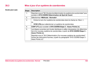Détermination du système de coordonnées - Normal TPS1200+ 924 
39.3Mise à jour d'un système de coordonnées 
Accès pas à pasEtape 
Description 
1. 
Reportez-vous à "38.2 Accès à la détermination du système de coordonnées" pour accéder à SYS COORD Détermination de Syst de Coord. 
2. 
Sélectionnez <Méthode : Normale>. 
3. 
Entrez le nom d'un système de coordonnées dans le champ du <Nom :>. 
ou 
SYSC (F6) pour sélectionner un système de coordonnées. 
4. 
CONT (F1) pour accéder à SYS COORD Etape 3 : Assoc Points (n). 
5. 
Les étapes suivantes sont toutes identiques à celles nécessaires à la détermination d'un nouveau système de coordonnées, à partir de SYS COORD Etape 3 : Assoc Points (n). 
Reportez-vous à "39.2 Détermination d'un nouveau système de coordonnées". Suivez les instructions fournies, à partir du paragraphe "SYS COORD Etape 3 : Assoc Points (n)".  