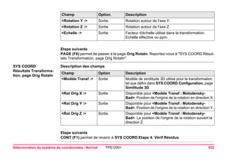 Détermination du système de coordonnées - Normal TPS1200+ 932 
Etape suivante 
PAGE (F6) permet de passer à la page Orig Rotatn. Reportez-vous à "SYS COORD Résultats Transformation, page Orig Rotatn". 
SYS COORD 
Résultats Transformation, page Orig Rotatn 
Description des champsChamp 
Option 
Description 
<Modèle Transf :> 
Sortie 
Modèle de similitude 3D utilisé pour la transformation tel que défini dans SYS COORD Configuration, page Similitude 3D. 
<Rot Orig X :> 
Sortie 
Disponible pour <Modèle Transf : Molodensky- Bad>. Position de l'origine de la rotation en direction X. 
<Rot Orig Y :> 
Sortie 
Disponible pour <Modèle Transf : Molodensky- Bad>. Position de l'origine de la rotation en direction Y. 
<Rot Orig Z :> 
Sortie 
Disponible pour <Modèle Transf : Molodensky- Bad>. La position de l'origine de la rotation suivant la direction Z. 
Etape suivante 
CONT (F1) permet de revenir à SYS COORD Etape 4: Vérif Résidus. 
<Rotation Y :> 
Sortie 
Rotation autour de l'axe Y. 
<Rotation Z :> 
Sortie 
Rotation autour de l'axe Z. 
<Echelle :> 
Sortie 
Facteur d'échelle utilisé dans la transformation. Echelle effective ou ppm. 
Champ Option Description 
 