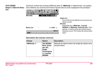 Détermination du système de coordonnées - 
Par 1 point 
TPS1200+ 938 
SYS COORD 
Etape 4 : Détermin Rotation 
Cet écran contient des champs différents selon la <Méthode :> sélectionnée. Les explications relatives aux touches de fonctions figurant dans la suite s'appliquent tel qu'indiqué. 
CONT (F1) 
Pour confirmer les sélections et poursuivre sur l'écran suivant. 
INV (F2) 
Disponible pour <Méthode : 2 points WGS84> et <Méthode : Entré par util.>. Pour calculer un azimut entre deux points locaux. Reportez-vous à "40.5 Calcul de l'azimut théorique". 
Description des champs communsChamp 
Option 
Description 
<Méthode :> 
Util WGS84 Nord, Entré par util., Angle Convergnce ou 2 points WGS84 
Méthode de détermination de l'angle de rotation de la transformation.  
