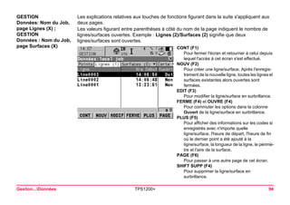 Gestion...Données TPS1200+ 94 
GESTION 
Données: Nom du Job, 
page Lignes (X) ; 
GESTION 
Données : Nom du Job, 
page Surfaces (X) 
Les explications relatives aux touches de fonctions figurant dans la suite s'appliquent aux deux pages. 
Les valeurs figurant entre parenthèses à côté du nom de la page indiquent le nombre de lignes/surfaces ouvertes. Exemple : Lignes (2)/Surfaces (2) signifie que deux lignes/surfaces sont ouvertes. 
CONT (F1) 
Pour fermer l'écran et retourner à celui depuis lequel l'accès à cet écran s'est effectué. 
NOUV (F2) 
Pour créer une ligne/surface. Après l'enregistrement de la nouvelle ligne, toutes les lignes et surfaces existantes alors ouvertes sont fermées. 
EDIT (F3) 
Pour modifier la ligne/surface en surbrillance. 
FERME (F4) et OUVRE (F4) 
Pour commuter les options dans la colonne Ouvert de la ligne/surface en surbrillance. 
PLUS (F5) 
Pour afficher des informations sur les codes si enregistrés avec n'importe quelle ligne/surface, l'heure de départ, l'heure de fin où le dernier point a été ajouté à la ligne/surface, la longueur de la ligne, le périmètre et l'aire de la surface. 
PAGE (F6) 
Pour passer à une autre page de cet écran. 
SHIFT SUPP (F4) 
Pour supprimer la ligne/surface en surbrillance.  