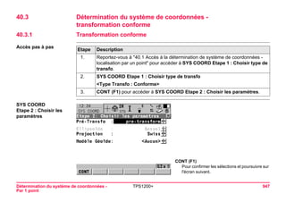 Détermination du système de coordonnées - 
Par 1 point 
TPS1200+ 947 
40.3Détermination du système de coordonnées - 
transformation conforme 
40.3.1Transformation conforme 
Accès pas à pasEtape 
Description 
1. 
Reportez-vous à "40.1 Accès à la détermination de système de coordonnées - localisation par un point" pour accéder à SYS COORD Etape 1 : Choisir type de transfo. 
2. 
SYS COORD Etape 1 : Choisir type de transfo 
<Type Transfo : Conforme> 
3. 
CONT (F1) pour accéder à SYS COORD Etape 2 : Choisir les paramètres. 
SYS COORD 
Etape 2 : Choisir les paramètres 
CONT (F1) 
Pour confirmer les sélections et poursuivre sur l'écran suivant.  