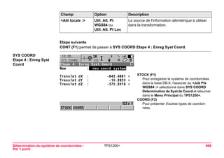 Détermination du système de coordonnées - 
Par 1 point 
TPS1200+ 968 
Etape suivante 
CONT (F1) permet de passer à SYS COORD Etape 4 : Enreg Syst Coord. 
SYS COORD 
Etape 4 : Enreg Syst Coord 
STOCK (F1) 
Pour enregistrer le système de coordonnées dans la base DB-X, l'associer au <Job Pts WGS84 :> sélectionné dans SYS COORD Détermination de Syst de Coord et retourner dans le Menu Principal du TPS1200+. 
COORD (F2) 
Pour présenter d'autres types de coordonnées. 
<Alti locale :> 
Util. Alt. Pt WGS84 ou 
Util. Alt. Pt Loc 
La source de l'information altimétrique à utiliser dans la transformation. 
Champ Option Description 
 
