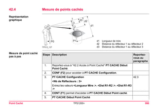 Point Caché TPS1200+ 996 
42.4Mesure de points cachés 
Représentation graphique 
TPS12_127P1P0d1 d2d3132 
d1Longueur de mire 
d2Distance du réflecteur 1 au réflecteur 2 
d3Distance du réflecteur 1 au réflecteur 3 
Mesure de point caché pas à pasEtape 
Description 
Reportez- vous au paragraphe 
1. 
Reportez-vous à "42.2 Accès à Point Caché" PT CACHE Début Point Caché. 
2. 
CONF (F2) pour accéder à PT CACHE Configuration. 
3. 
PT CACHE Configuration 
42.3 
<Nb de Réflecteurs : 3> 
Entrez les valeurs <Longueur Mire :>, <Dist R1-R2 :>, <Dist R1-R3 :> 
4. 
CONT (F1) permet d'accéder à PT CACHE Début Point caché. 
5. 
PT CACHE Début Point Caché  