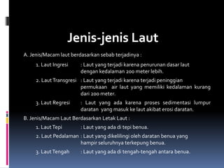 Jenis-jenis Laut
A. Jenis/Macam laut berdasarkan sebab terjadinya :
1. Laut Ingresi : Laut yang terjadi karena penurunan dasar laut
dengan kedalaman 200 meter lebih.
2. LautTransgresi : Laut yang terjadi karena terjadi peninggian
permukaan air laut yang memiliki kedalaman kurang
dari 200 meter.
3. Laut Regresi : Laut yang ada karena proses sedimentasi lumpur
daratan yang masuk ke laut akibat erosi daratan.
B. Jenis/Macam Laut Berdasarkan Letak Laut :
1. LautTepi : Laut yang ada di tepi benua.
2. Laut Pedalaman : Laut yang dikelilingi oleh daratan benua yang
hampir seluruhnya terkepung benua.
3. LautTengah : Laut yang ada di tengah-tengah antara benua.
 