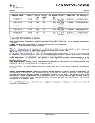 PACKAGE OPTION ADDENDUM

www.ti.com                                                                                                                                 22-Apr-2010



      Orderable Device           Status (1)    Package      Package       Pins Package Eco Plan (2)        Lead/Ball Finish    MSL Peak Temp (3)
                                                Type        Drawing              Qty
      TPS62237DRYT                ACTIVE         SON          DRY           6      250   Green (RoHS &       CU NIPDAU        Level-1-260C-UNLIM
                                                                                            no Sb/Br)
      TPS62238DRYR                ACTIVE         SON          DRY           6     5000 Green (RoHS &         CU NIPDAU        Level-1-260C-UNLIM
                                                                                          no Sb/Br)
      TPS62238DRYT                ACTIVE         SON          DRY           6      250   Green (RoHS &       CU NIPDAU        Level-1-260C-UNLIM
                                                                                            no Sb/Br)
      TPS62239DRYR                ACTIVE         SON          DRY           6     5000 Green (RoHS &         CU NIPDAU        Level-1-260C-UNLIM
                                                                                          no Sb/Br)
      TPS62239DRYT                ACTIVE         SON          DRY           6      250   Green (RoHS &       CU NIPDAU        Level-1-260C-UNLIM
                                                                                            no Sb/Br)
(1)
   The marketing status values are defined as follows:
ACTIVE: Product device recommended for new designs.
LIFEBUY: TI has announced that the device will be discontinued, and a lifetime-buy period is in effect.
NRND: Not recommended for new designs. Device is in production to support existing customers, but TI does not recommend using this part in
a new design.
PREVIEW: Device has been announced but is not in production. Samples may or may not be available.
OBSOLETE: TI has discontinued the production of the device.

(2)
   Eco Plan - The planned eco-friendly classification: Pb-Free (RoHS), Pb-Free (RoHS Exempt), or Green (RoHS & no Sb/Br) - please check
http://www.ti.com/productcontent for the latest availability information and additional product content details.
TBD: The Pb-Free/Green conversion plan has not been defined.
Pb-Free (RoHS): TI's terms "Lead-Free" or "Pb-Free" mean semiconductor products that are compatible with the current RoHS requirements
for all 6 substances, including the requirement that lead not exceed 0.1% by weight in homogeneous materials. Where designed to be soldered
at high temperatures, TI Pb-Free products are suitable for use in specified lead-free processes.
Pb-Free (RoHS Exempt): This component has a RoHS exemption for either 1) lead-based flip-chip solder bumps used between the die and
package, or 2) lead-based die adhesive used between the die and leadframe. The component is otherwise considered Pb-Free (RoHS
compatible) as defined above.
Green (RoHS & no Sb/Br): TI defines "Green" to mean Pb-Free (RoHS compatible), and free of Bromine (Br) and Antimony (Sb) based flame
retardants (Br or Sb do not exceed 0.1% by weight in homogeneous material)

(3)
   MSL, Peak Temp. -- The Moisture Sensitivity Level rating according to the JEDEC industry standard classifications, and peak solder
temperature.

Important Information and Disclaimer:The information provided on this page represents TI's knowledge and belief as of the date that it is
provided. TI bases its knowledge and belief on information provided by third parties, and makes no representation or warranty as to the
accuracy of such information. Efforts are underway to better integrate information from third parties. TI has taken and continues to take
reasonable steps to provide representative and accurate information but may not have conducted destructive testing or chemical analysis on
incoming materials and chemicals. TI and TI suppliers consider certain information to be proprietary, and thus CAS numbers and other limited
information may not be available for release.

In no event shall TI's liability arising out of such information exceed the total purchase price of the TI part(s) at issue in this document sold by TI
to Customer on an annual basis.




                                                                   Addendum-Page 2
 