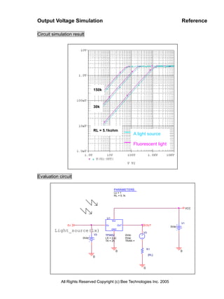 Output Voltage Simulation                                                               Reference

Circuit simulation result




                               150k



                               30k




                               RL = 5.1kohm
                                                             A light source

                                                             Fluorescent light




Evaluation circuit

                                             PARAMETERS:
                                             Ls = 1
                                             RL = 5.1k




                                                                                             VCC


                                       U1
                                            Vcc
                                                                                        V1
                Ev                    Ev          OUT              OUT
                                                                                 3Vdc
         Light_source(lx)                   GND
                                                                  V3
                               V2     TPS852            0Vdc
                        0Vdc          LS = {Ls}         0Vac
                                      TA = 25           TRAN =


                                                                      R1
                                              0                                         0
                                                                       {RL}
                               0


                                                                  0



            All Rights Reserved Copyright (c) Bee Technologies Inc. 2005
 