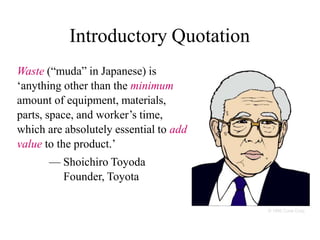 Waste (“muda” in Japanese) is
‘anything other than the minimum
amount of equipment, materials,
parts, space, and worker’s time,
which are absolutely essential to add
value to the product.’
— Shoichiro Toyoda
Founder, Toyota
© 1995 Corel Corp.
Introductory Quotation
 