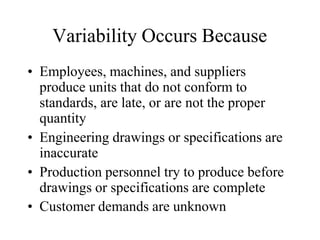 Variability Occurs Because
• Employees, machines, and suppliers
produce units that do not conform to
standards, are late, or are not the proper
quantity
• Engineering drawings or specifications are
inaccurate
• Production personnel try to produce before
drawings or specifications are complete
• Customer demands are unknown
 