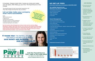 In business, change is good when it saves you money and makes                                      NO SET-UP FEES                                                                                                              ALSo AvAiLAbLe:

your job easier, while freeing up your time. The Payroll Source is that                            All services listed below are included at NO EXTRA COST!                                                                •	 Pay-as-you-go comp
change.                                                                                                                                                                                                                       (no down payment)
                                                                                                   Tax Liability Payments and
“Successful people do what unsuccessful people don’t do!                                           Quarterly Tax Returns & Filings
                                                                                                                                                                                                                           •	 Healthcare	plans	with	
They make changes that help them stay successful.”                                                 •	940 (Federal Unemployment)
                                                                                                                                                                                                                              Humana at unbelievable
                                                                                                   •	941/941B	(FICA	&	Federal)
                                                                                                                                                                                                                              savings for most groups
Let us help make your company                                            The                       •	State	unemployment                                                                                                       (Section	125	payroll	
even more successful!                                                        Pa
                                                                          has yroll S              •	State	withholdings                                                                                                       deducted)
                                                                              th      ou
                                                                           cos e low rce           •	Local	taxes
                                                                              t       e
Facts:
                                                                          mos with th st                                                                                                                                   •	 Pre-taxed	Section	125	
Top-of-the-line systems                                                 GUA t to off e
A-Rated service                                                              RAN    er                                                                                                                                        Healthcare plans
Certified payroll processors                                                           TEE         Payroll Management
                                                                                              D!
CPA staff in-house for all filing management                                                       •	On-line	time	entry	(24/7	access)                                                                                      •	 Integration	with	any	
Immediate solutions when questions arise                                                           •	Direct	deposit	(checking	and	savings)                                                                                    program, such as
Customized reporting for your industry                                                                                                                                                                                        Quickbooks or most other
                                                                                                   •	Pay-to	debit	cards
                                                                                                                                                                                                                              office general ledger for
Don’t be fooled by others that spend your money on extra costs for new hires, fillings,            •	In-house	check	printing
                                                                                                                                                                                                                              accounting purposes
terminations, changes, raises, W2s, and more. Let us show you real savings by knowing ahead        •	Time	Clock	Services	(biometric,	magnetic,	barcode,	direct	keypad)
of time what your payroll will really cost you. Stop being shocked by others. We are one of the    •	Customized	reports                                                                                                    •	 In-house	IT	customization	
fastest growing in the industry and there is a good reason. We really do save your company
                                                                                                   •	CPA	reports                                                                                                              (can integrate with any
money and do the job needed – so you can do yours. Call us today!
                                                                                                   •	Government	reporting	&	compliance                                                                                        program)
                                                                                                   •	New	hire	reporting
                                                                                                                                                                                                                           •	 Human	Resources	
                                                                                                   •	Deductions,	child	supports	&	garnishments
                                                                                                                                                                                                                              software integration

“ THANKREALLY THE PAYROLL BUSINESS
                                                                                                   •	Attendance,	Sick	&	vacation	accruals
        YOU!              SOURCE                                                                   •	Job	costing
                                                                                                                                                                                                                           •	 In-house	legal	attorney	for	
    HAS       HELPED OUR                                                                           •	Multi-state	filings                                                                                                      help with employee law
   SAVE MONEY AND INCREASE                                                                         •	W2’s

               OUR BOTTOM LINE!
                                                  - Sally H.
                                                                           ”                       Trademarked & licensed in 45 states!
                                                                                                                                                                                                                           •	 Employee	handbooks	with	
                                                                                                                                                                                                                              full job descriptions and
                                                                                                                                                                                                                              policies


                                                                                                                                                                                                                           •	 Retirement	(401K)	Services

                                                                                                                                                     Payroll Source Compared to Competition
                                                                                                                                                                                                                           •	 Pre-Employment	

                                                                                                     Cost (Avg 25 person company)
                                                                                                                                    $100
                                                                                                                                     $80                                                                                      Screening (background
                                                                                                                                     $60                                                                  Comp. A             checks and drug
                                                                                                                                     $30                                                                                      screening)
                                                         Call The Payroll Source
                                                                                                                                                                                                          Comp. B
                                                                                                                                     $20                                                                  Payroll Source
                                                       TOLL FREE at 877.698.3858                                                      $5

                                                                or visit us on the web at                                             $0
                                                                                                                                           Payroll     New Hire Terminations   Changes    Raises   W2’s
                                                              www.thepayrollsource.net                                                      Cost
                                                                                                                                                                      Payroll Source Cost- $0
 