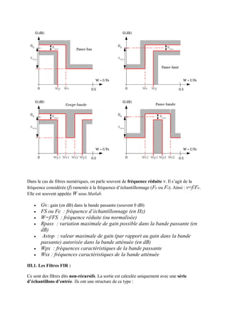 Dans le cas de filtres numériques, on parle souvent de fréquence réduite ν. Il s’agit de la
fréquence considérée (f) ramenée à la fréquence d’échantillonnage (Fe ou Fs). Ainsi : ν=f/Fe.
Elle est souvent appelée W sous Matlab.
 G0 : gain (en dB) dans la bande passante (souvent 0 dB)
 FS ou Fe : fréquence d’échantillonnage (en Hz)
 W=f/FS : fréquence réduite (ou normalisée)
 Rpass : variation maximale de gain possible dans la bande passante (en
dB)
 Astop : valeur maximale de gain (par rapport au gain dans la bande
passante) autorisée dans la bande atténuée (en dB)
 Wpx : fréquences caractéristiques de la bande passante
 Wsx : fréquences caractéristiques de la bande atténuée
III.1. Les Filtres FIR :
Ce sont des filtres dits non-récursifs. La sortie est calculée uniquement avec une série
d’échantillons d’entrée. Ils ont une structure de ce type :
 