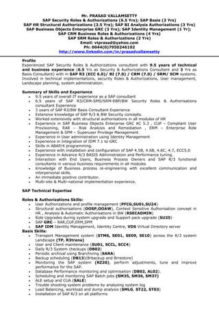 Mr. PRASAD VALLAMSETTY
        SAP Security Roles & Authorizations (6.5 Yrs); SAP Basis (3 Yrs)
SAP HR Structural Authorizations (3.5 Yrs); SAP BI Analysis Authorizations (3 Yrs)
 SAP Business Objects Enterprise GRC (3 Yrs); SAP Identity Management (1 Yr);
               SAP CRM Business Roles & Authorizations (4 Yrs)
                    SAP SRM Roles & Authorizations (2 Yrs)
                          Email: vtprasad@yahoo.com
                            Ph: 0044(0)7950246102
                http://www.linkedin.com/in/prasadvallamsetty

Profile
Experienced SAP Security Roles & Authorizations consultant with 9.5 years of technical
and business experience (6.5 Yrs as Security & Authorizations Consultant and 3 Yrs as
Basis Consultant) with in SAP R3 (ECC 6.0)/ BI (7.0) / CRM (7.0) / SRM/ SCM systems.
Involved in technical implementations, security Roles & Authorizations, User management,
Landscape planning, system administration.

Summary of Skills and Experience
  • 9.5 years of overall IT experience as a SAP consultant
  • 6.5 years of SAP R3/CRM-SMS/SRM-EBP/BW Security Roles & Authorisations
    consultant Experience
  • 3 years of SAP R3/BW Basis Consultant Experience
  • Extensive knowledge of SAP R/3 & BW Security concepts.
  • Worked extensively with structural authorisations in all modules of HR
  • Experience in SAP Business Objects Enterprise GRC AC 5.3 , CUP – Compliant User
    Provisioning, RAR – Risk Analysis and Remediation , ERM – Enterprise Role
    Management & SPM – Superuser Privilege Management
  • Experience in User administration using Identity Management
  • Experience in Integration of IDM 7.1 to GRC
  • Skills in ABAP/4 programming.
  • Experience with installation and configuration of SAP 4.5B, 4.6B, 4.6C, 4.7, ECC5.0
  • Experience in Advance R/3 BASIS Administration and Performance tuning.
  • Interaction with End Users, Business Process Owners and SAP R/3 functional
    consultants in various business requirements in all modules
  • Knowledge of Business process re-engineering with excellent communication and
    interpersonal skills.
  • An immediate positive contributor.
  • Multi-site & Multi-national implementation experience.

SAP Technical Expertise

Roles & Authorizations Skills:
   •  User Authorizations and profile management (PFCG,SU01,SU24)
   •  Structural authorisations (OOSP,OOAW), Context Sensitive Authorisation concept in
      HR , Analysis & Automatic Authorisations in BW (RSECADMIN)
   •  Role Upgrades during system upgrade and Support pack upgrade (SU25)
   •  SAP GRC – RAR,CUP,ERM,SPM
   •  SAP IDM Identity Management, Identity Centre, VDS Virtual Directory server
Basis Skills:
   •  Transport Management system (STMS, SE01, SE09, SE10) across the R/3 system
      Landscape (TP, R3trans)
   •  User and Client maintenance (SU01, SCCL, SCC4)
   •  Daily R/3 System checkups (DB02)
   •  Periodic archival using Brarchiving (SARA)
   •  Backup scheduling (DB13)(Brbackup and Brrestore)
   •  Monitoring the SAP system (RZ20), perform adjustments, tune and improve
      performance for the SAP.
   •  Database Performance monitoring and optimisation (DB02, AL02).
   •  Scheduling and monitoring SAP Batch jobs (SM35, SM36, SM37)
   •  ALE setup and CUA (SALE)
   •  Trouble shooting system problems by analysing system log
   •  Load Balancing, workload and dump analysis (SMLG, ST22, ST03)
   •  Installation of SAP R/3 on all platforms
 