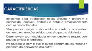 CARACTERÍSTICAS
• Reticentes para estabelecer novos vínculos = preferem o
conhecido (amáveis, corteses e distante emocionalmente
com os desconhecidos;
• Têm poucos amigos e são unidos à família = auto-estima
aumenta em relações sólidas (parceiro para a vida toda);
• Desenvolvem suas faculdades em um ambiente seguro, com
poucos amigos e familiares;
• Preocupam-se com o que os outros pensam ao seu respeito =
precisam da aprovação dos outros;
 
