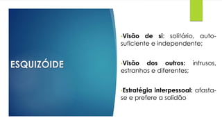 ESQUIZÓIDE
•Visão de si: solitário, auto-
suficiente e independente;
•Visão dos outros: intrusos,
estranhos e diferentes;
•Estratégia interpessoal: afasta-
se e prefere a solidão
 