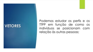 VETORES
Podemos estudar os perfis e os
TTPP em função de como os
indivíduos se posicionam com
relação às outras pessoas;
 