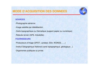 MODE D’ACQUISITION DES DONNEES

 SOURCES

 -Photographie aérienne

 -Image satellite par télédétection

 -Carte topographique ou thématique (support papier ou numérique)

 -Relevés terrain (GPS, théodolite)

 FOURNISSEURS

 -Producteurs d’image (SPOT, Landsat, ESA, IKONOS……)

 -Institut Géographique National (carte topographique, géologique…)

 -Organismes publiques ou privés
 