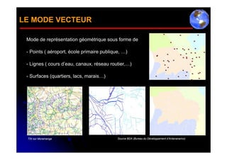LE MODE VECTEUR

 Mode de représentation géométrique sous forme de

 - Points ( aéroport, école primaire publique, …)

 - Lignes ( cours d’eau, canaux, réseau routier,…)

 - Surfaces (quartiers, lacs, marais…)




 TIN sur Moramanga                          Source BDA (Bureau du Développement d’Antananarivo)
 