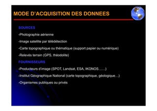 MODE D’ACQUISITION DES DONNEES

 SOURCES

 -Photographie aérienne

 -Image satellite par télédétection

 -Carte topographique ou thématique (support papier ou numérique)

 -Relevés terrain (GPS, théodolite)

 FOURNISSEURS

 -Producteurs d’image (SPOT, Landsat, ESA, IKONOS……)

 -Institut Géographique National (carte topographique, géologique…)

 -Organismes publiques ou privés
 