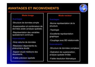 AVANTAGES ET INCONVENIENTS

             Mode Image                       Mode vecteur
  Avantages                          Avantages
  -Structure de données simple       -Bonne représentation de la
  -Superposition et combinaison de   structure
  données aisée (analyse spatiale)
                                     -Topologie
  -Représentation des variables
                                     -Excellente représentation
  spatialement continues
                                     graphique
  Inconvénients
                                     -Couplage avec BD relationnelle
  -Gros volume de données
                                     Inconvénients
  -Résolution dépendante du
  phénomène étudié                   -Structure de données complexe
  -Aspect visuel médiocre des        -Opération de superposition,
  documents                          analyse spatiale limitée
  -Faible précision spatiale         -Faible résolution thématique
 