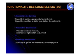 FONCTIONALITE DES LOGICIELS SIG (2/3)


     Abstraction des données
     - Capacité du logiciel à comprendre le monde réel,
     - Capacité à modéliser la réalité pour réaliser des traitements


      Acquisition des données
     - Phase de saisie des données,
     - Vectorisation, digitalisation, levé, import


     Archivage des données
      - Stockage et gestion des données sur support physique
 