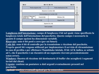 Lunghezza dell'intestazione: campo di lunghezza 4 bit nel quale viene specificato la
lunghezza totale dell'intestazione del pacchetto. Questo campo è necessario in
quanto il campo opzioni ha dimensioni variabili.
Riservato: sono 6 bit posti a zero (per usi futuri)
Code bit: sono 6 bit di controllo per la trasmissione e ricezione del pacchetto.
Proprio questi bit vengono utilizzati per implementare il servizio di ritrasmissione
in caso di perdita e per effettuare l'handshake iniziale. Il bit ACK indica, se settato
ad 1, che il pacchetto è un riscontro di un segmento ricevuto precedentemente
senza errore.
Windows: finestra di ricezione del destinatario (il buffer che accoglierà i segmenti
inviati dal client)
Urgente: contiene un puntatore a dati urgenti eventualmente presenti nel
pacchetto
Opzioni: contiene eventuali opzioni per la connessione
 
