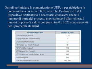 Quindi per iniziare la comunicazione UDP, o per richiedere la
connessione a un server TCP, oltre che l’indirizzo IP del
dispositivo destinatario è necessario conoscere anche il
numero di porta del processo che risponderà alla richiesta I
numeri di porta di valore compreso tra 0 e 1023 sono riservati
per i protocolli standard
 