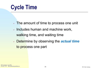 Cycle Time

                               The amount of time to process one unit
                               Includes human and machine work,
                                walking time, and waiting time
                               Determine by observing the actual time
                                to process one part



Bill Costantino, Lean Mfg
616-891-7578 EBCostantino@earthlink.net
                                                 35                      SW 2-Day Training
 