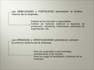 Las DEBILIDADES y FORTALEZAS pertenecen al ámbito
interno de la empresa.


             Análisis de los recursos y capacidades.
             Análisis de factores relativos a aspectos de
             producción, marketing, financiación, generales de
             organización, etc.




Las AMENAZAS y OPORTUNIDADES pertenecen siempre
al entorno externo de la empresa.


               Para ser superadas o aprovechadas,
               anticipándose a las mismas.
               Entra en juego la flexibilidad y dinámica de la
               empresa.
 