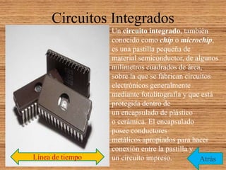 Circuitos Integrados
Un circuito integrado, también
conocido como chip o microchip,
es una pastilla pequeña de
material semiconductor, de algunos
milímetros cuadrados de área,
sobre la que se fabrican circuitos
electrónicos generalmente
mediante fotolitografía y que está
protegida dentro de
un encapsulado de plástico
o cerámica. El encapsulado
posee conductores
metálicos apropiados para hacer
conexión entre la pastilla y
un circuito impreso.Línea de tiempo Atrás
 