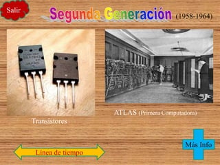 Transistores
(1958-1964)
ATLAS (Primera Computadora)
Salir
Línea de tiempo
Más Info
 