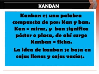 KANBANKanbanes una palabra compuesta de por: Kan y ban.  Kan = mirar, y  ban significa póster o placa, de ahí surge Kanban = ficha.La idea de kanban se basa en cajas llenas y cajas vacías.  