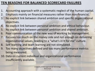TEN REASONS FOR BALANCED SCORECARD FAILURES

1. Accounting approach with a systematic neglect of the human capital.
2. Emphasis mainly on financial measures rather than non-financial.
3. No explicit link between shared ambition and specific organizational
    objectives.
4. No explicit link between personal ambition and ethical behaviour.
5. No explicit link between personal ambition and shared ambition.
6. Poor communication of the new way of working by management.
7. Focuses too much on the money side and not enough on delivering
    organizational values, leading to a “what’s in it for me” culture.
8. Self learning and team learning are not stimulated.
9. Too many objectives defined and too many performance metrics
    being measured.
10. Data on current individual and organizational performance
    insufficiently available.

                         University Of Management & Technology
                                        Nimra Gull
 