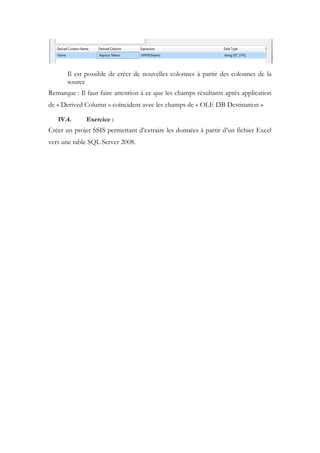 Il est possible de créer de nouvelles colonnes à partir des colonnes de la
source
Remarque : Il faut faire attention à ce que les champs résultants après application
de « Derived Column » coïncident avec les champs de « OLE DB Destination »
IV.4. Exercice :
Créer un projet SSIS permettant d’extraire les données à partir d’un fichier Excel
vers une table SQL Server 2008.
 