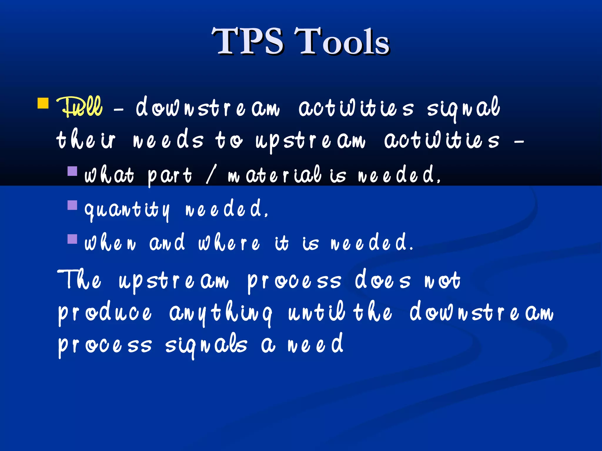 TPS ToolsTPS Tools
 Pu ll – d ow n st r e am ac t iv it ie s sig n al
t h e ir n e e d s t o u p st r e am ac t iv it ie s –
 w h at p ar t / m at e r ial is n e e d e d ,
 q u an t it y n e e d e d ,
 w h e n an d w h e r e it is n e e d e d .
Th e u p st r e am p r oc e ss d oe s n ot
p r od u c e an y t h in g u n t il t h e d ow n st r e am
p r oc e ss sig n als a n e e d
 