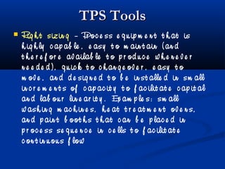 TPS ToolsTPS Tools
 Rig h t sizin g – Pr oc e ss e q u ip m e n t t h at is
h ig h ly c ap ab le , e asy t o m ain t ain ( an d
t h e r e f or e av ailab le t o p r od u c e w h e n e v e r
n e e d e d ) , q u ic k t o c h an g e ov e r , e asy t o
m ov e , an d d e sig n e d t o b e in st alle d in sm all
in c r e m e n t s of c ap ac it y t o f ac ilit at e c ap it al
an d lab ou r lin e ar it y . Ex am p le s: sm all
w ash in g m ac h in e s, h e at t r e at m e n t ov e n s,
an d p ain t b oot h s t h at c an b e p lac e d in
p r oc e ss se q u e n c e in c e lls t o f ac ilit at e
c on t in u ou s f low
 
