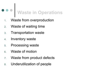Waste in Operations
1.   Waste from overproduction
2.   Waste of waiting time
3.   Transportation waste
4.   Inventory waste
5.   Processing waste
6.   Waste of motion
7.   Waste from product defects
8.   Underutilization of people
 