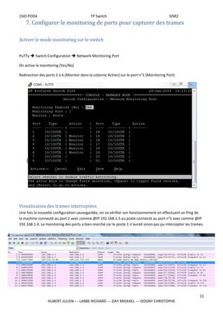 1SIO POD4 TP Switch SISR2
7. Configurer le monitoring de ports pour capturer des trames
Activer le mode monitoring sur le switch
PuTTy è Switch Configuration è Network Monitoring Port
On active le monitoring (Yes/No)
Redirection des ports 2 à 6 (Monitor dans la colonne Action) sur le port n°1 (Monitoring Port)
Visualisation des trames interceptées
Une fois la nouvelle configuration sauvegardée, on va vérifier son fonctionnement en effectuant un Ping de
la machine connecté au port 2 avec comme @IP 192.168.1.5 au poste connecté au port n°5 avec comme @IP
192.168.1.4. Le monitoring des ports a bien marché car le poste 1 n’aurait sinon pas pu intercepter les trames.
11
HUBERT JULIEN --- LABBE RICHARD --- DAY MICKAEL --- DOGNY CHRISTOPHE
 