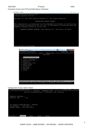 1SIO POD4 TP Switch SISR2
Connexion réussie avec PuTTy portable depuis 7 physique.
Configuration IP pour utiliser Telnet
t
3
HUBERT JULIEN --- LABBE RICHARD --- DAY MICKAEL --- DOGNY CHRISTOPHE
 