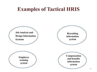 Examples of Tactical HRIS



Job Analysis and      Recruiting
Design Information   information
Systems                 system




                     Compensation
  Employee
                      and benefits
   training
                      information
    system
                         system
                                     18
 