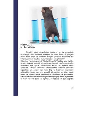 59 
FİZYOLOJİ 
Dr. İnci ALİCAN 
Fizyoloji vücut sistemlerinin işlevlerini ve bu sistemlerin 
birbirleriyle olan ilişkilerini inceleyen bir bilim dalıdır. Fizyolojinin 
amacı, farklı organ ve hücrelerin bireysel işlevlerini fonksiyonel bir 
bütünü yani insan vücudunu oluşturmak üzere birleştirmektir. 
Ülkemizde fizyoloji uzmanlığı Tababet Uzmanlık Tüzüğüne göre 3 yıldır. 
Bu süre boyunca uzmanlık öğrencisi anabilim dalı tarafından önceden 
belirlenmiş olan eğitim faaliyetlerine katılır. Bu eğitimin amacı 
öğrencinin fizyoloji araştırma laboratuarında deneysel araştırma 
yapabilmek için gerekli olan temel bilgi ve becerileri öğrenmesini 
sağlamaktır. Bunun yanı sıra, uzmanlık öğrencisinin bir diğer önemli 
görevi de öğrendi pratik uygulamalarını hazırlamak ve yürütmektir. 
Fizyolojinin araştırma konuları bağımsız olmayıp çoğu zaman diğer temel 
ve klinik tıp bilim dalları ile ilişkilidir. Bu nedenle tek düze değildir; 
 