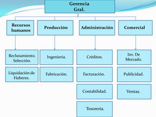 Gerencia
                                 Gral.


 Recursos
                 Producción         Administración   Comercial
 humanos




Reclutamiento.                                        Inv. De
                  Ingeniería.          Créditos.
  Selección.                                         Mercado.


Liquidación de   Fabricación.        Facturación.    Publicidad.
   Haberes.


                                     Contabilidad.      Ventas.
                                                      Ventas.


                                      Tesorería.
 