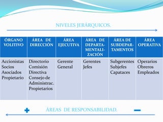 NIVELES JERÁRQUICOS.

 ÓRGANO        ÁREA DE        ÁREA     ÁREA DE     ÁREA DE      ÁREA
 VOLITIVO     DIRECCIÓN    EJECUTIVA   DEPARTA-   SUBDEPAR-   OPERATIVA
                                       MENTALI-   TAMENTOS
                                        ZACIÓN
Accionistas   Directorio   Gerente     Gerentes   Subgerentes Operarios
Socios        Comisión     General     Jefes      Subjefes    Obreros
Asociados     Directiva                           Capataces   Empleados
Propietario   Consejo de
              Administrac.
              Propietarios



                     ÁREAS DE RESPONSABILIDAD.
 