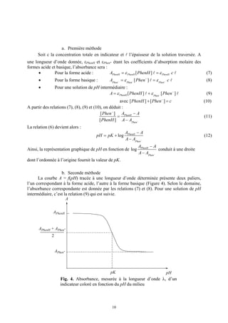 a. Première méthode
      Soit c la concentration totale en indicateur et         l’épaisseur de la solution traversée. A
une longueur d’onde donnée, εPhenH et εPhen- étant les coefficients d’absorption molaire des
formes acide et basique, l’absorbance sera :
      •        Pour la forme acide :         APhenH = ε PhenH [ PhenH ] = ε PhenH c                      (7)
      •           Pour la forme basique :         APhen − = ε Phen − [ Phen ] = ε Phen− c
                                                                         −
                                                                                                         (8)
      •           Pour une solution de pH intermédiaire :
                                               A = ε PhenH [ PhenH ] + ε Phen − [ Phen − ]               (9)
                                                       avec [ PhenH ] + [ Phen − ] = c                  (10)
A partir des relations (7), (8), (9) et (10), on déduit :
                                            [ Phen − ] APhenH − A
                                                      =                                                 (11)
                                           [ PhenH ] A − APhen−
La relation (6) devient alors :
                                                            APhenH − A
                                          pH = pK + log                                                 (12)
                                                            A − APhen−
                                                                    APhenH − A
Ainsi, la représentation graphique de pH en fonction de log                    conduit à une droite
                                                                    A − APhen−
dont l’ordonnée à l’origine fournit la valeur de pK.

                   b. Seconde méthode
      La courbe A = f(pH) tracée à une longueur d’onde déterminée présente deux paliers,
l’un correspondant à la forme acide, l’autre à la forme basique (Figure 4). Selon le domaine,
l’absorbance correspondante est donnée par les relations (7) et (8). Pour une solution de pH
intermédiaire, c’est la relation (9) qui est suivie.
                           A


               APhenH


      APhenH + APhen-
              2


                  APhen-



                                                   pK                                 pH
                     Fig. 4. Absorbance, mesurée à la longueur d’onde λ, d’un
                     indicateur coloré en fonction du pH du milieu



                                                    10
 